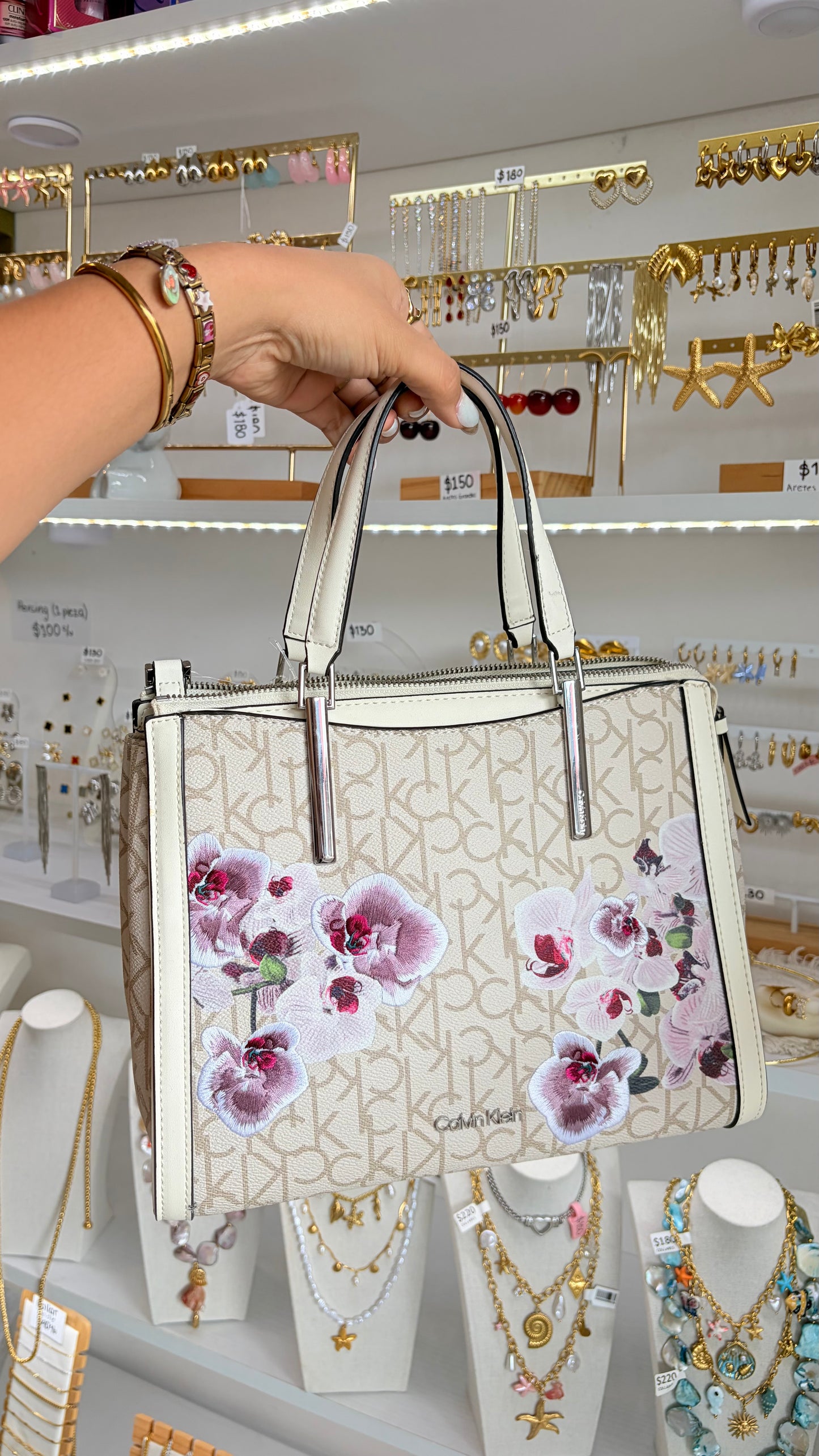 Bolsa Dama Beige Con Flores Calvin Klein