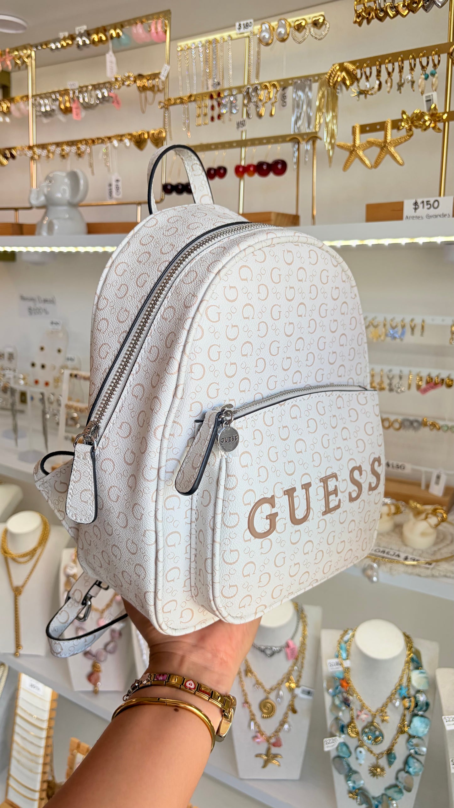 Mochila Dama Chica Blanca Y Beige Guess