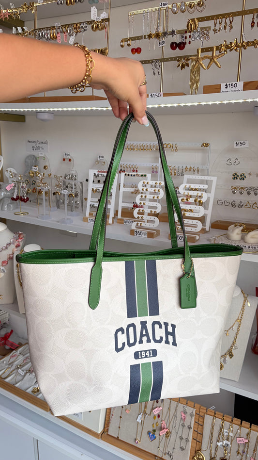 Bolsa Dama City Tote Blanca Y Verde Coach