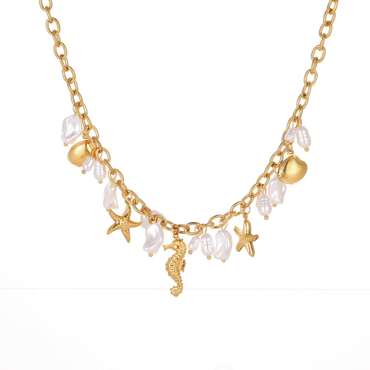 Collar Dijes Caballito De Mar Y Perlas