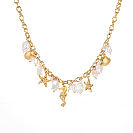 Collar Dijes Caballito De Mar Y Perlas