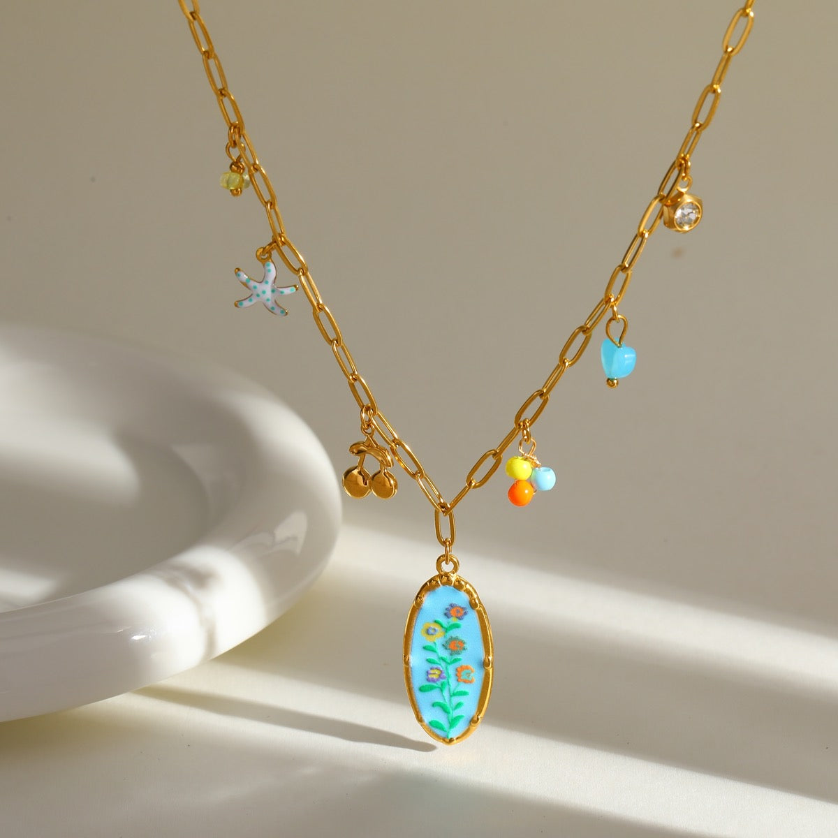 Collar Flor Con Dijes Celeste