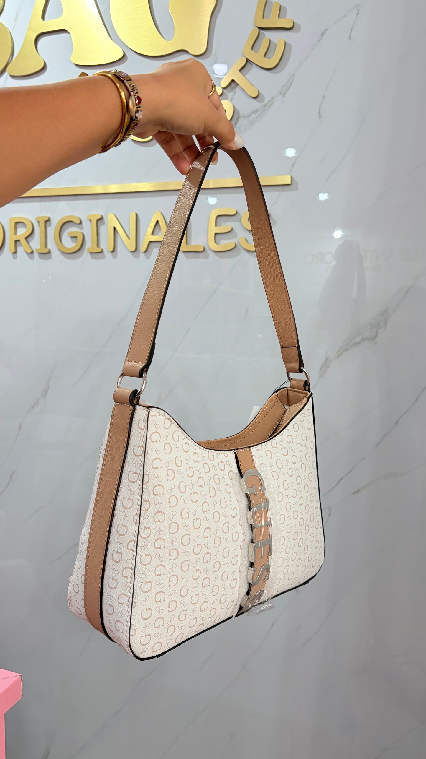 Bolsa Dama Beige Y Blanco Guess