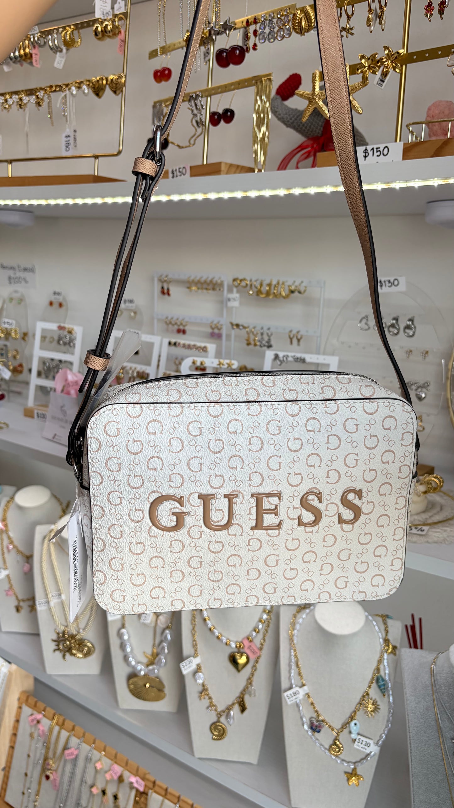 Bolsa Dama Crossbody Beige y Blanco Guess
