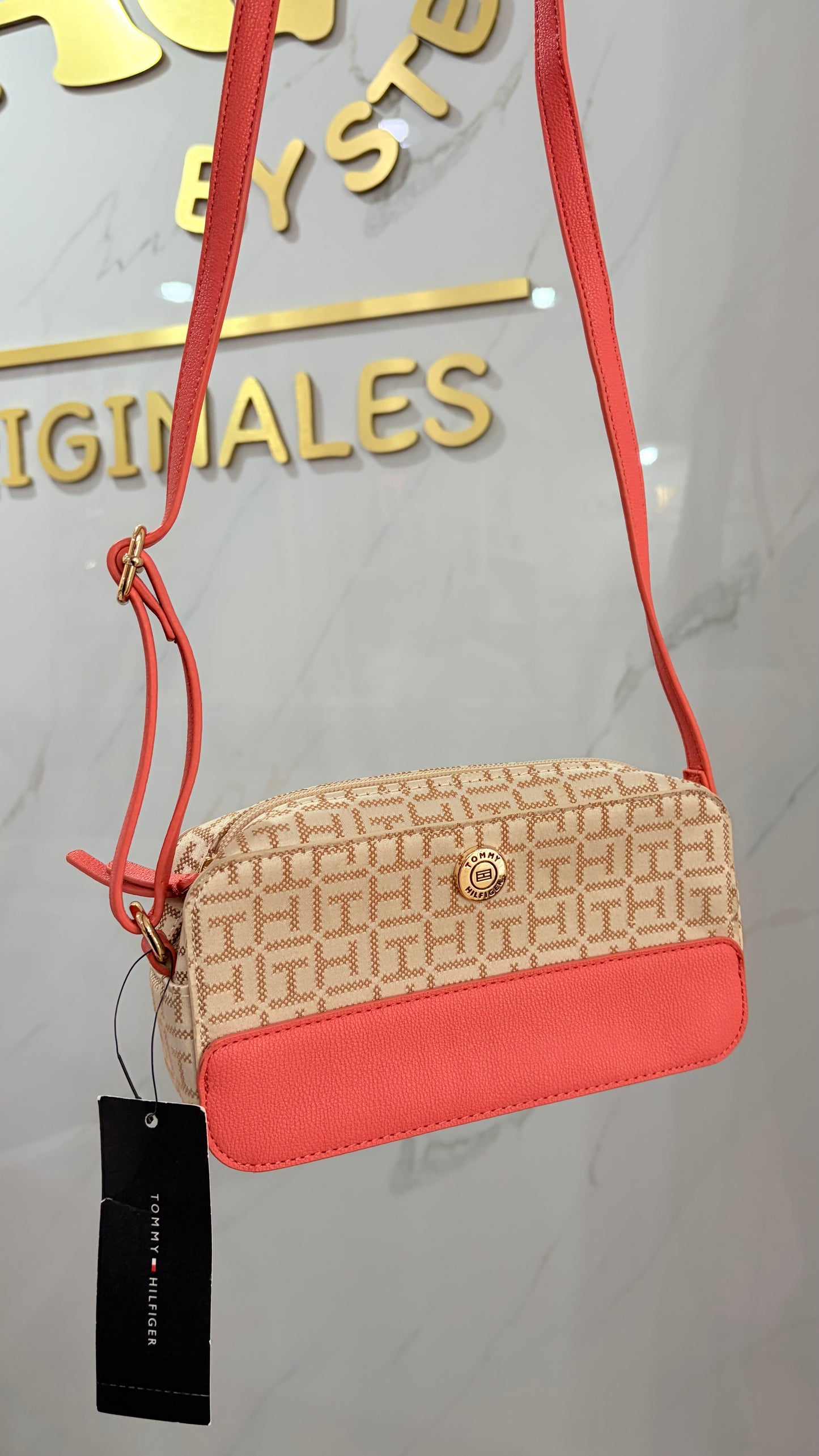 Bolsa Dama Beige Y Coral Tommy Hilfiger