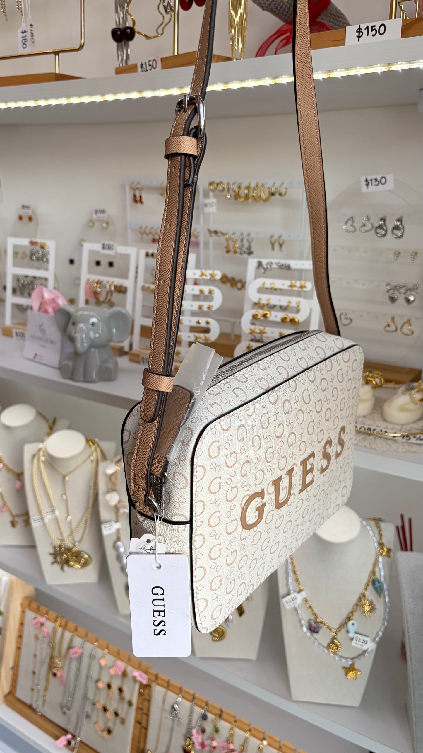 Bolsa Dama Crossbody Beige y Blanco Guess