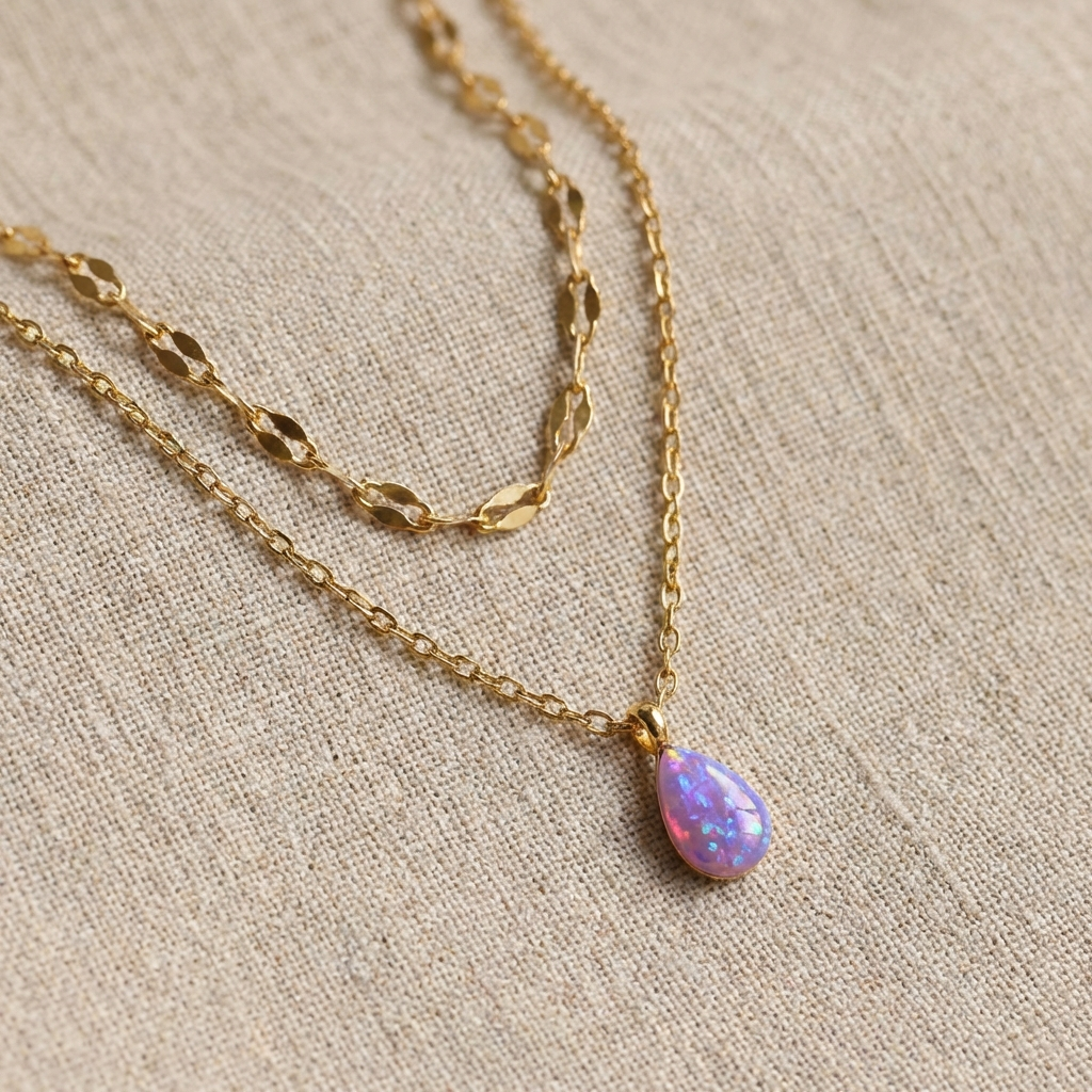 Collar Con Piedra Morada Tornasol Gota