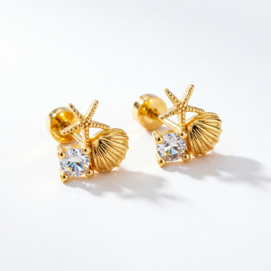 Aretes Mini Laminado Estrella Y Concha