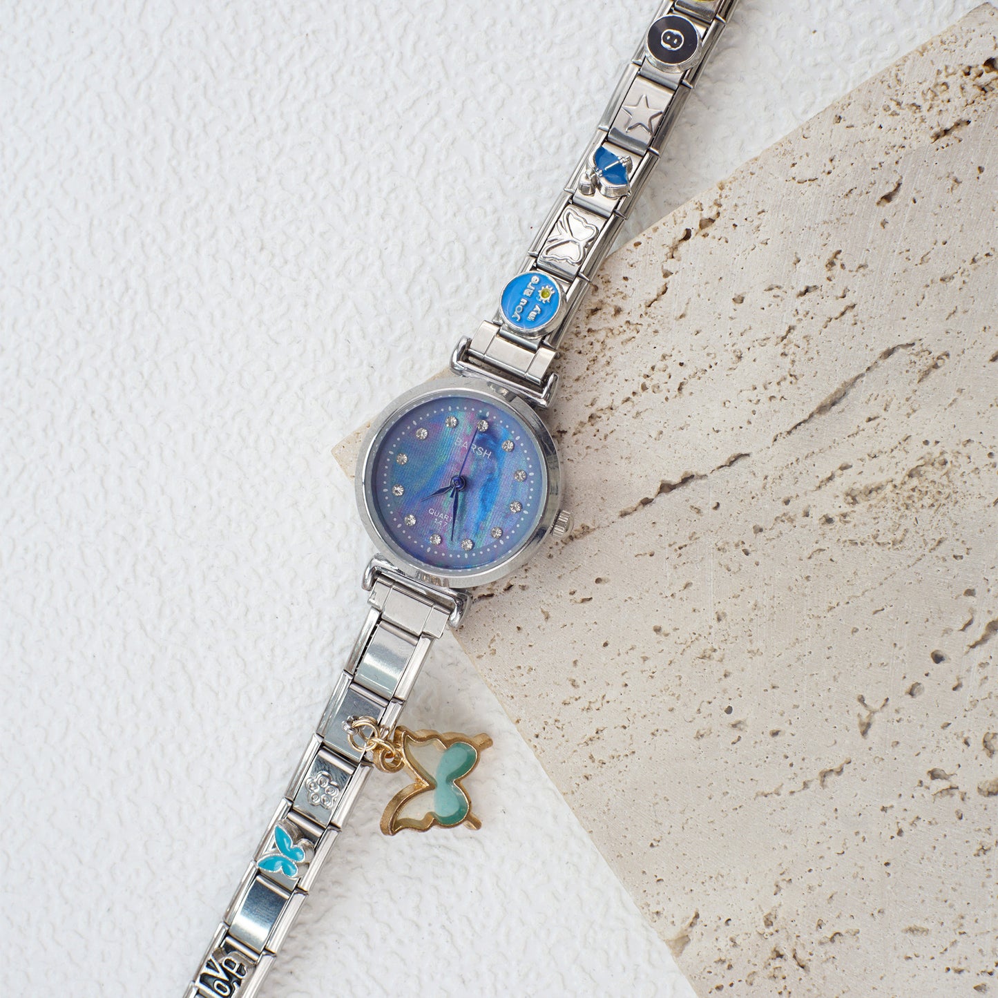 Reloj Italiano Plateado Redondo Fondo Azul Con Charm Azules