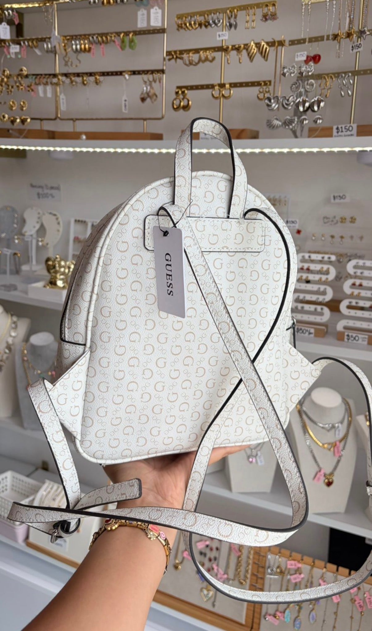 Mochila Dama Chica Blanca Y Beige Guess