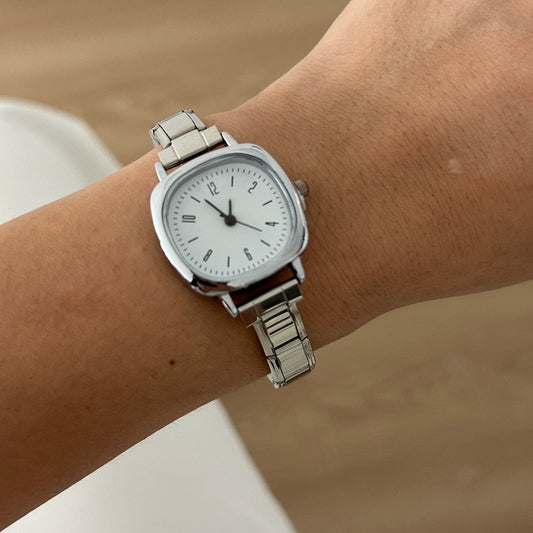 Reloj Italiano Plateado Cuadrado Blanco