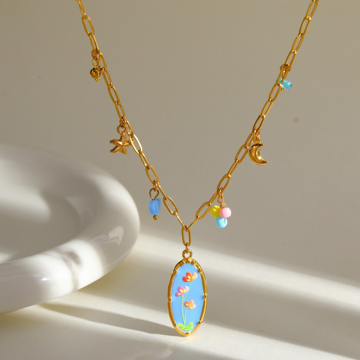 Collar Flor Azul Con Dijes