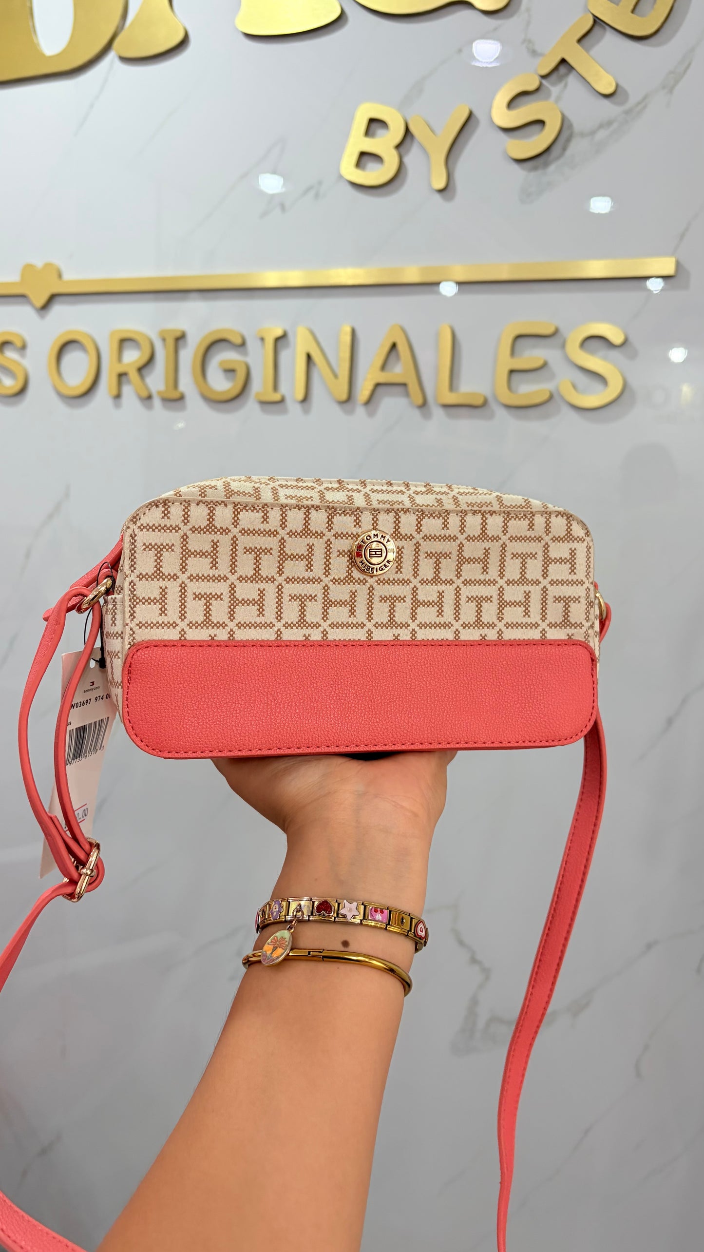 Bolsa Dama Beige Y Coral Tommy Hilfiger
