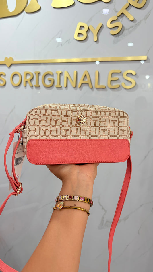 Bolsa Dama Beige Y Coral Tommy Hilfiger