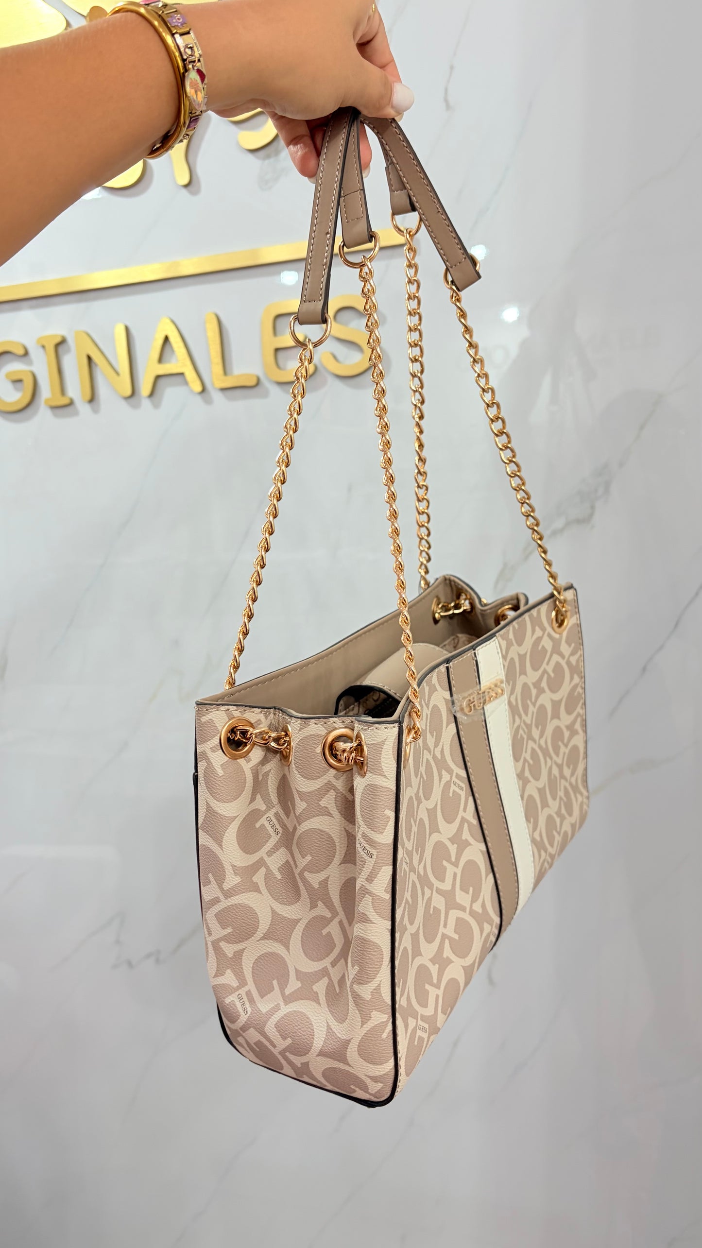 Bolsa Dama Beige Y Blanco Guess