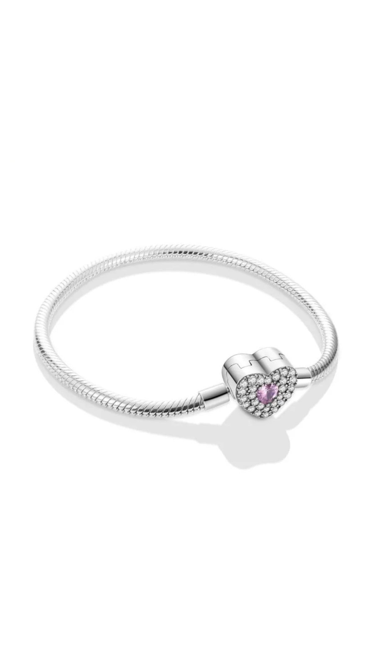 Pulsera Chapada En Plata Corazón Con Piedra Rosa