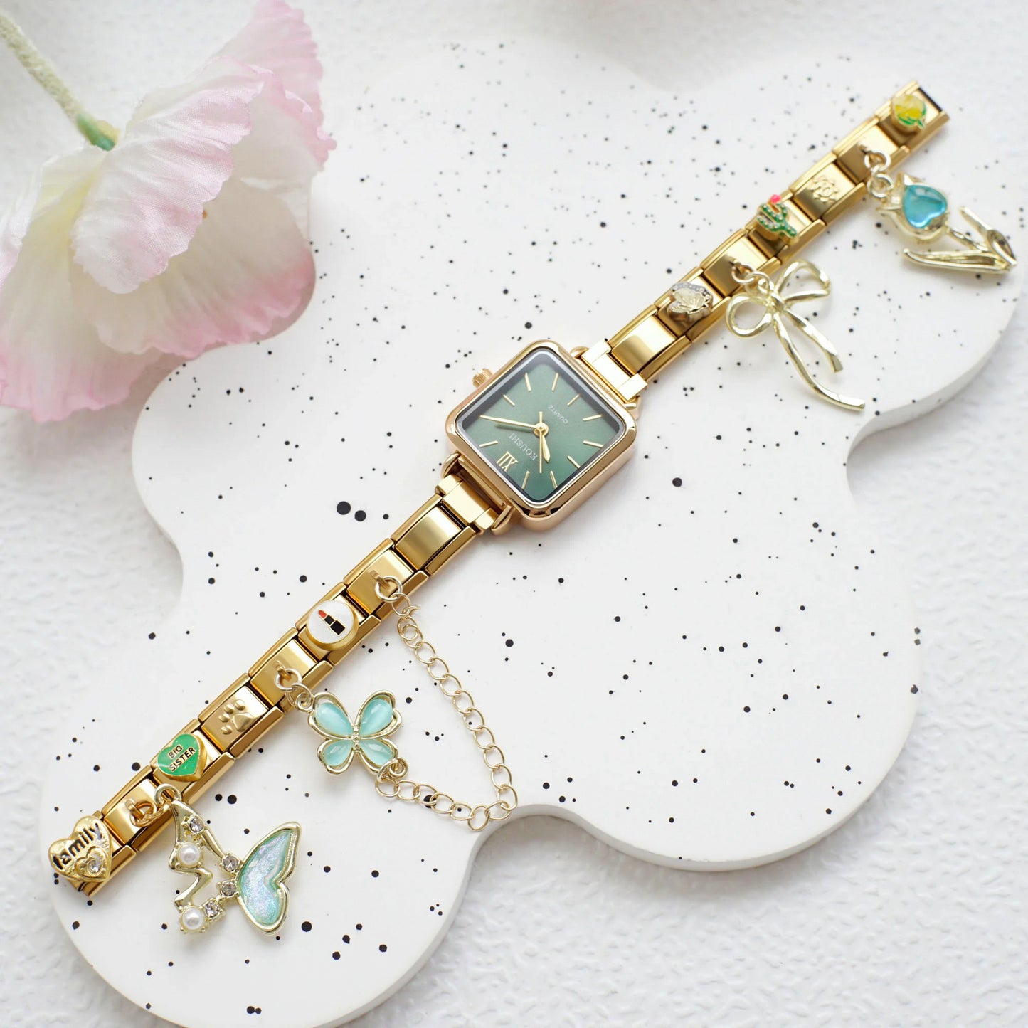 Reloj Italiano Dorado Cuadrado Fondo Verde Con Charms