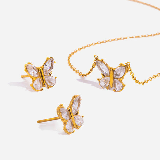 Set Collar Y Aretes Mariposa Piedras Blancas