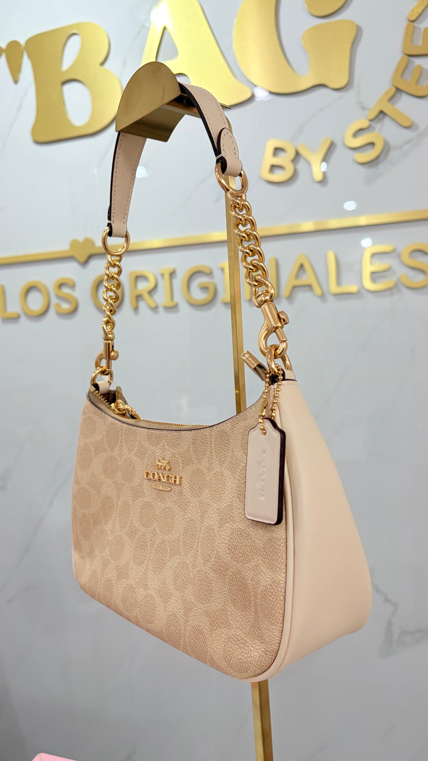 Bolsa Dama Teri Mediana Beige Y Blanco Coach
