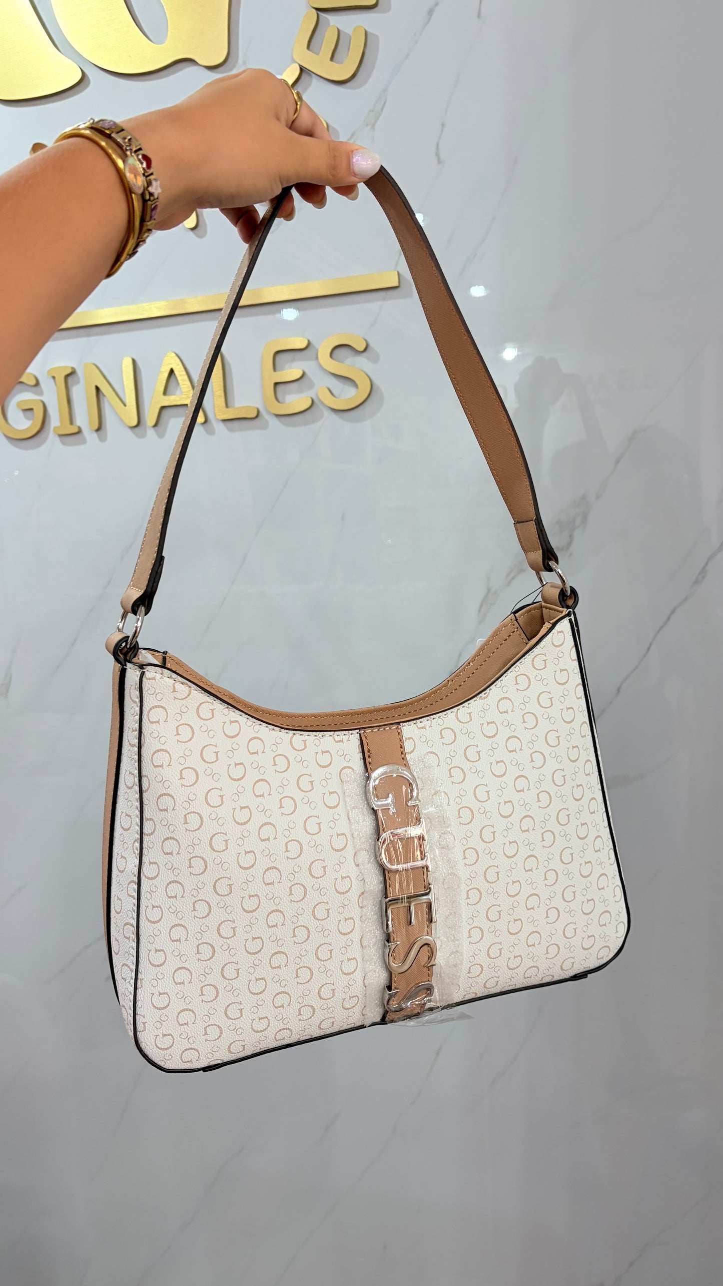 Bolsa Dama Beige Y Blanco Guess