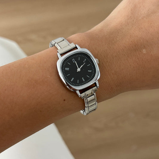 Reloj Italiano Plateado Cuadrado Negro