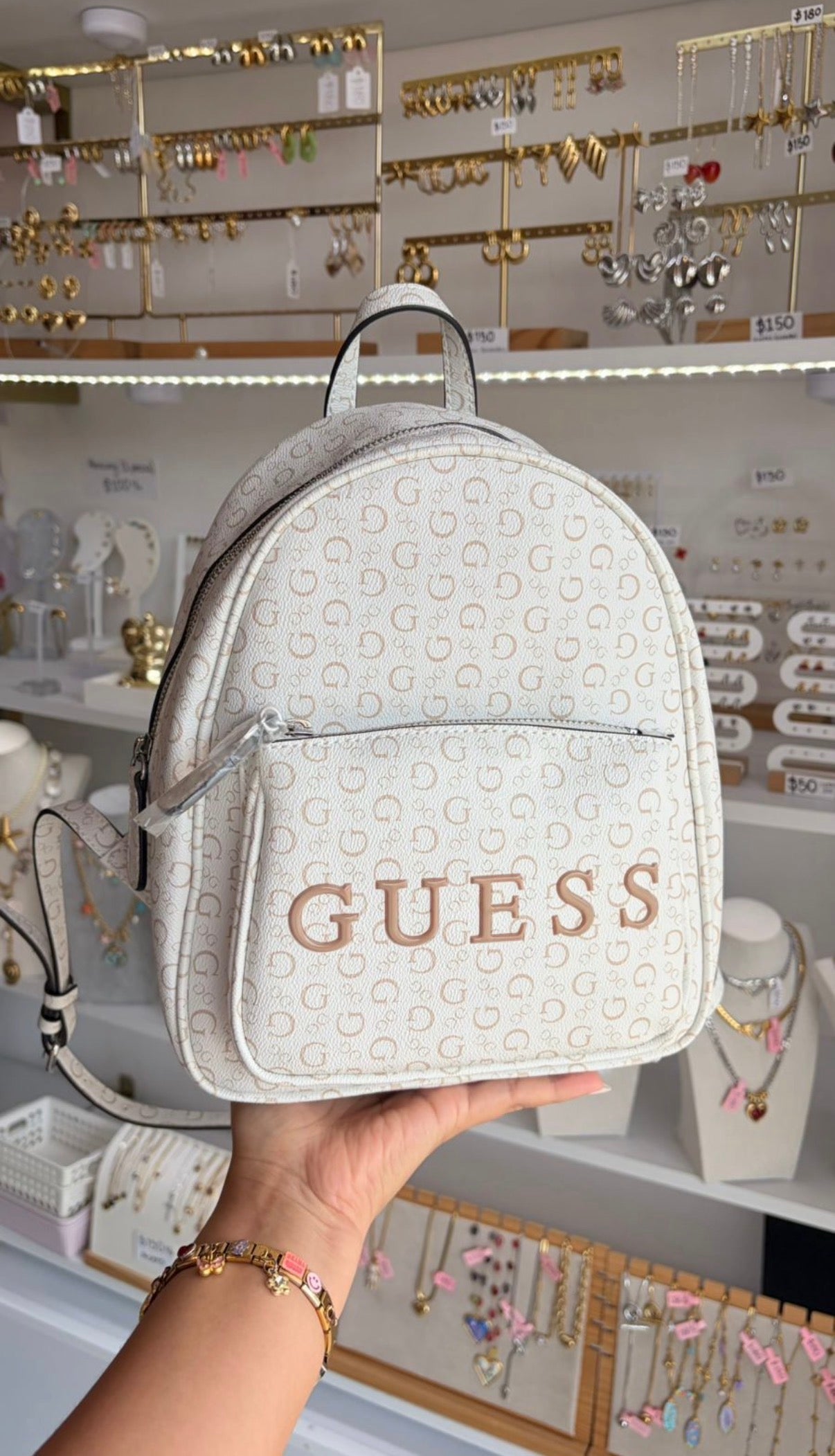 Mochila Dama Chica Blanca Y Beige Guess