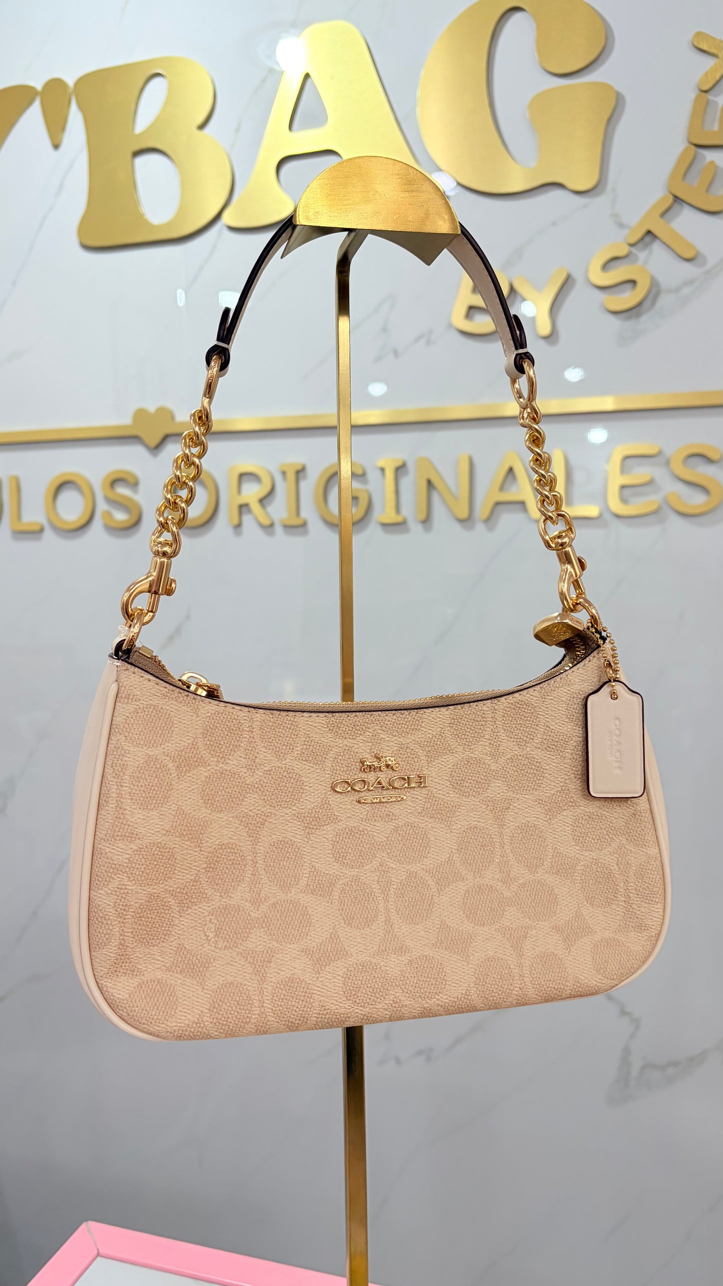 Bolsa Dama Teri Mediana Beige Y Blanco Coach