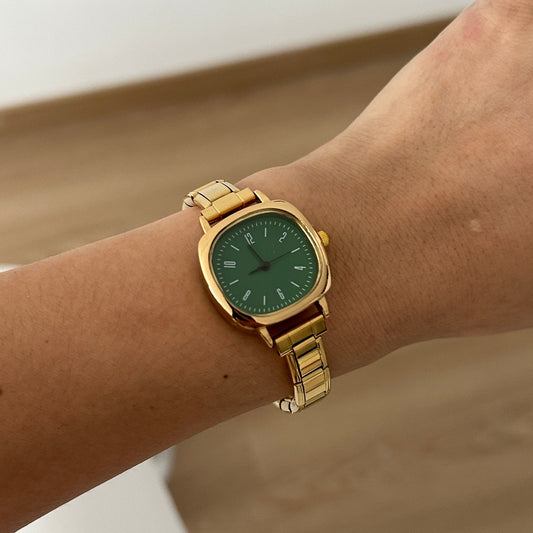 Reloj Italiano Dorado Cuadrado Verde