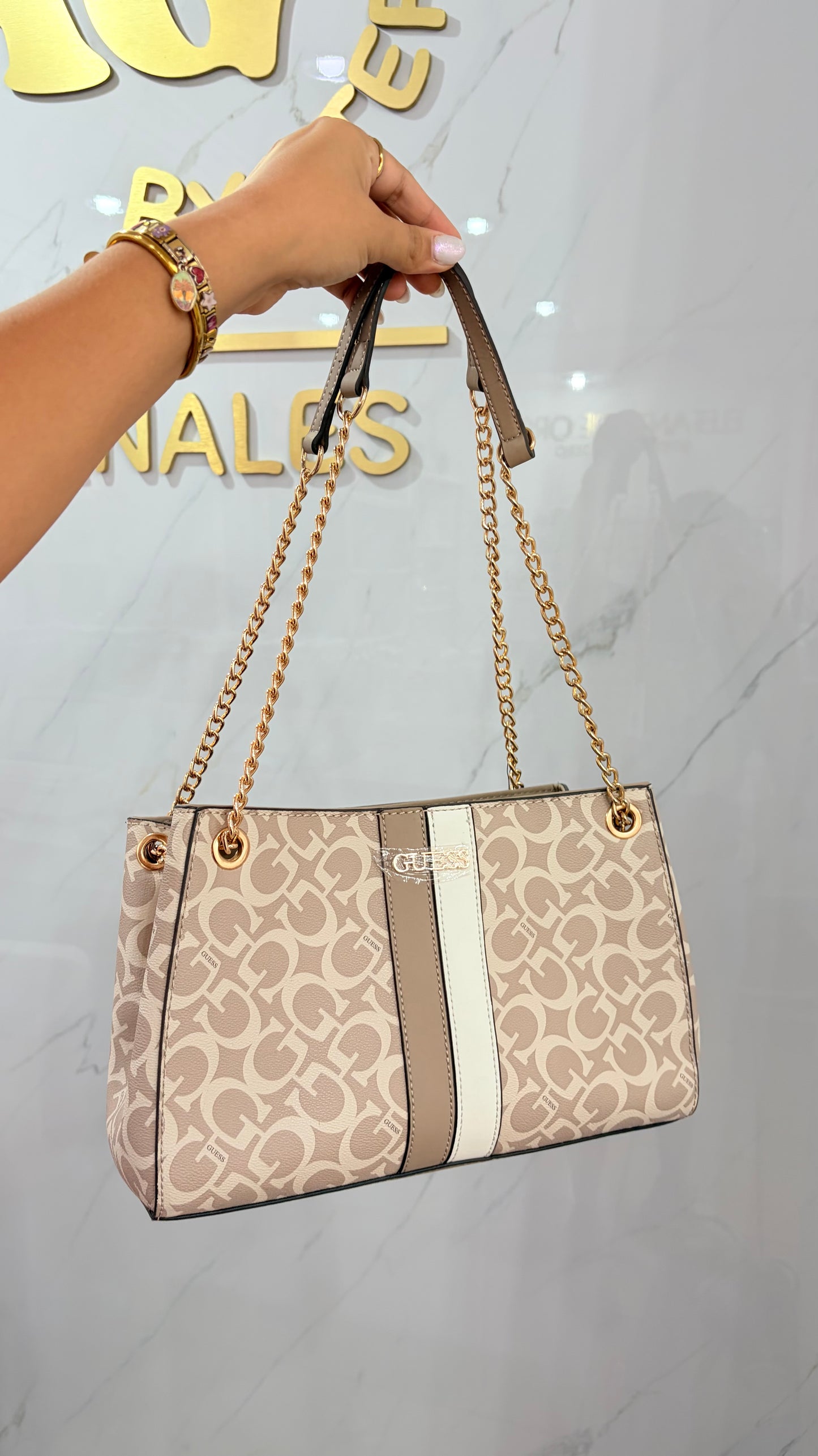 Bolsa Dama Beige Y Blanco Guess
