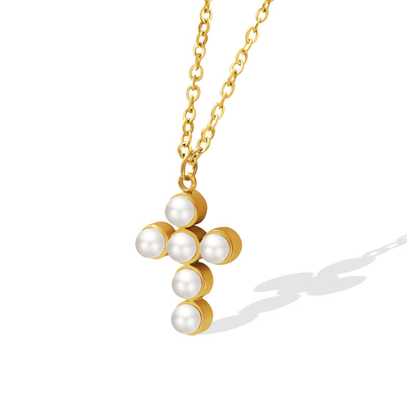 Collar Cruz Con Perlas Blancas