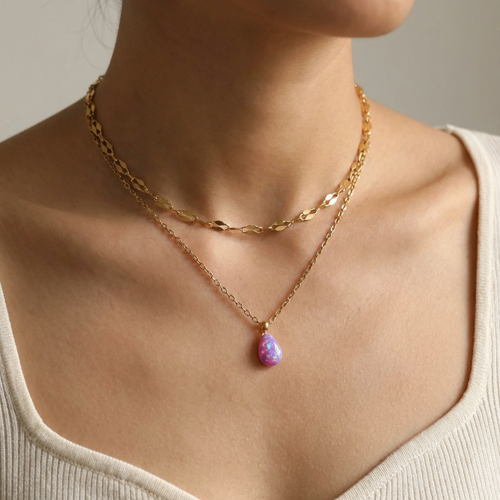 Collar Con Piedra Morada Tornasol Gota