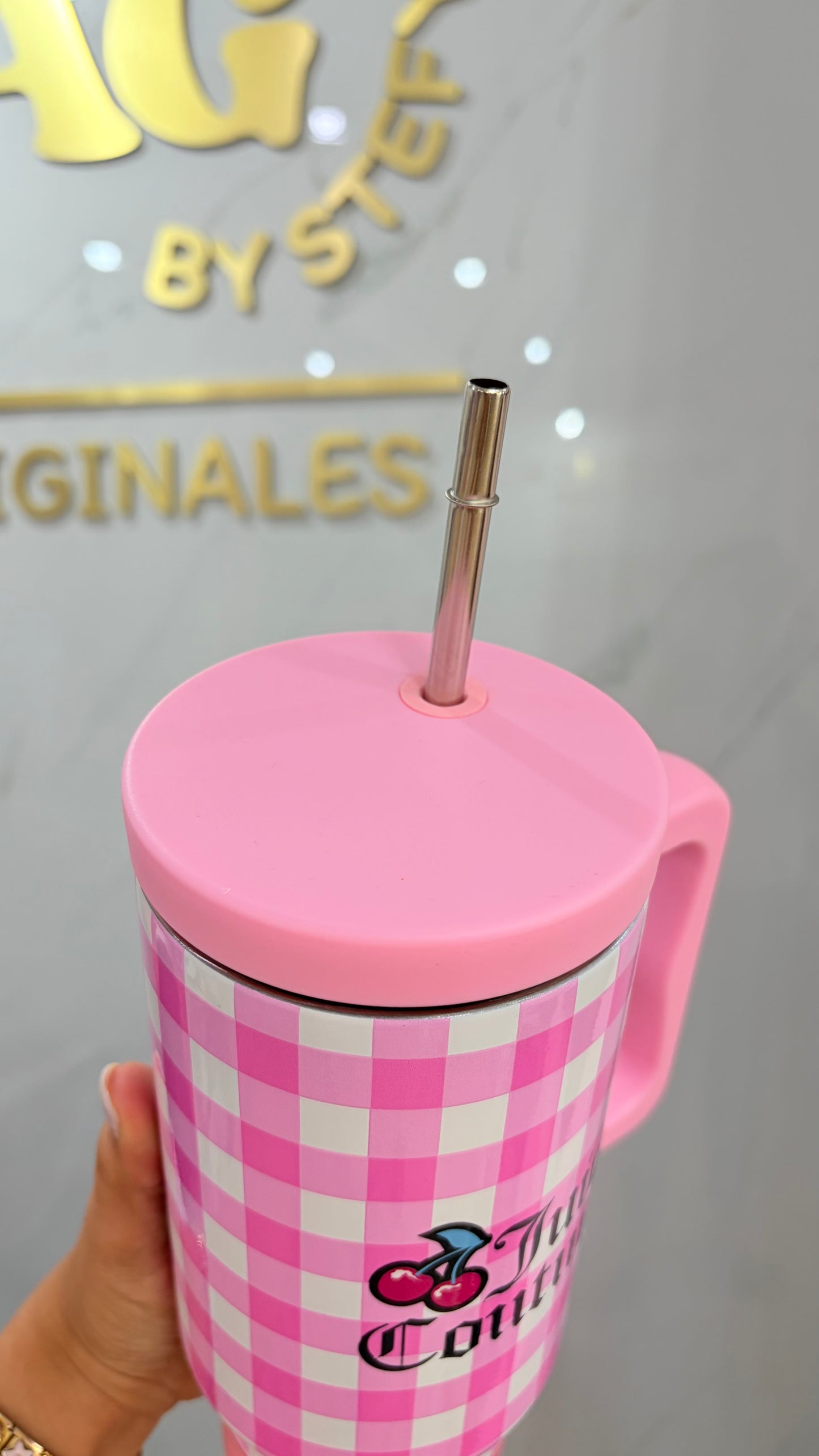 Termo Cuadros Rosa Y Blanco 1180ml Juicy Couture