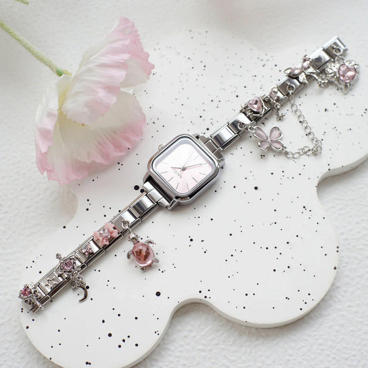 Reloj Italiano Plateado Cuadrado Fondo Rosa Con Charm Rosas