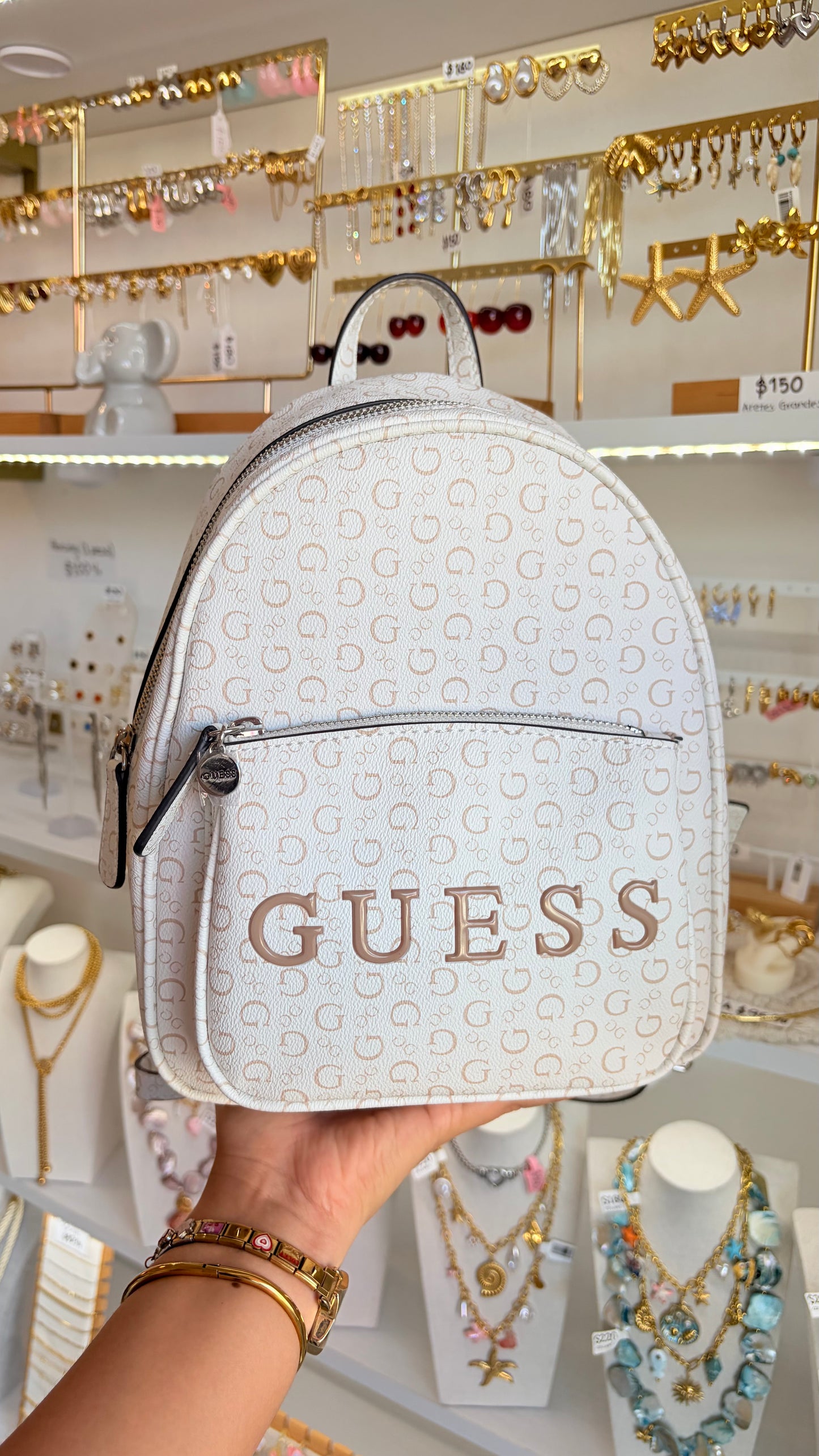 Mochila Dama Chica Blanca Y Beige Guess
