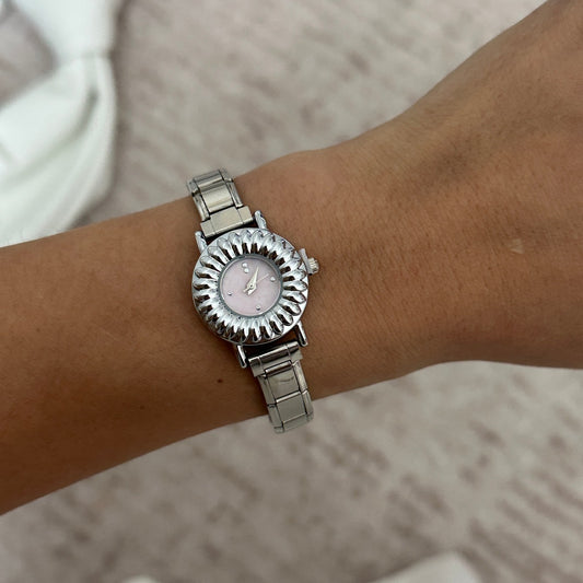 Reloj Italiano Plateado Circular Rosa