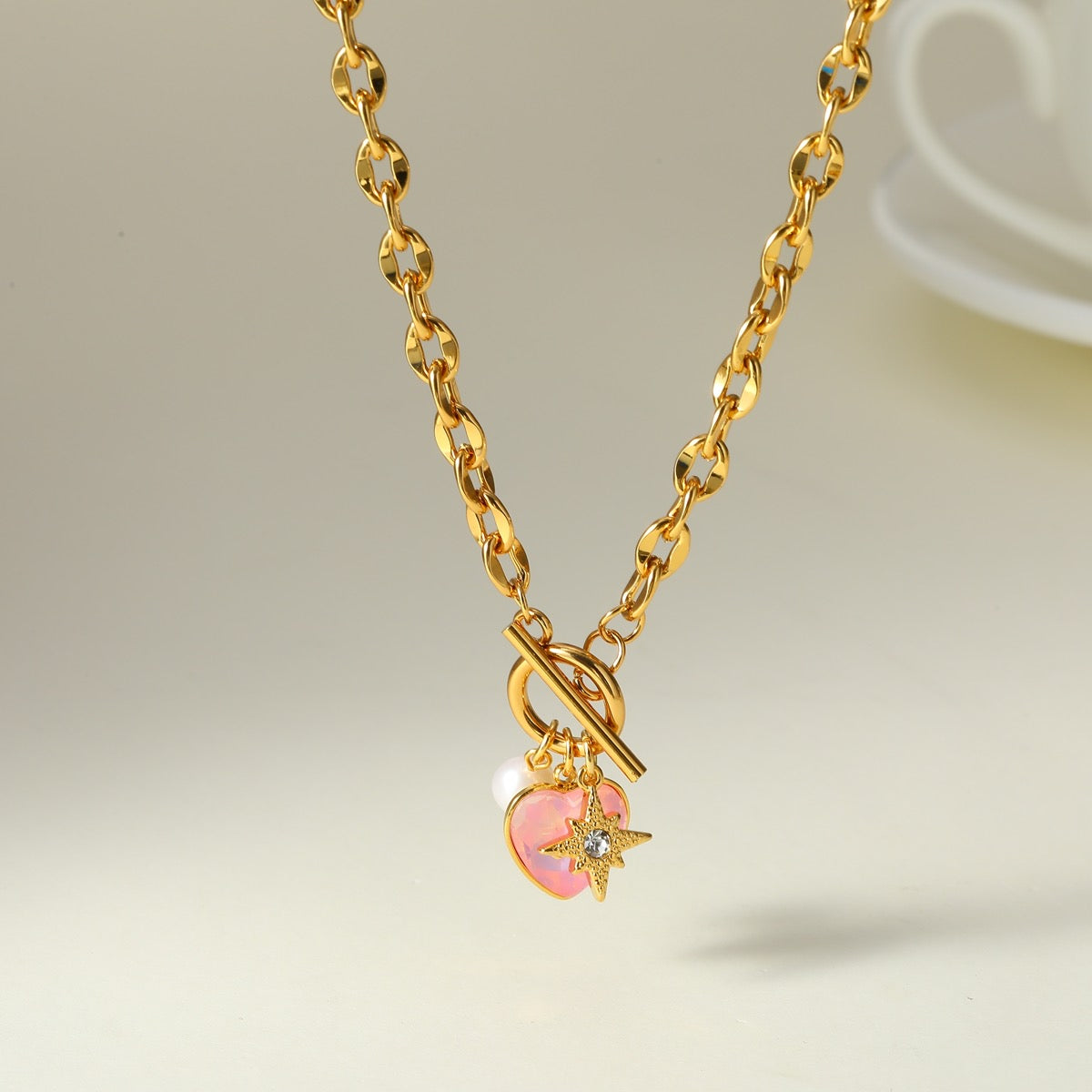 Collar Corazón Rosa, Estrella Y Perla