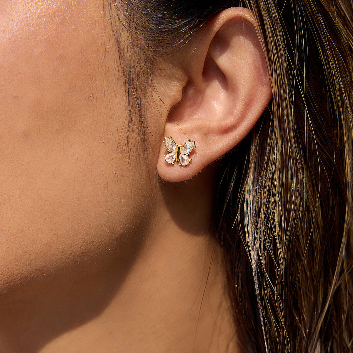Set Collar Y Aretes Mariposa Piedras Blancas