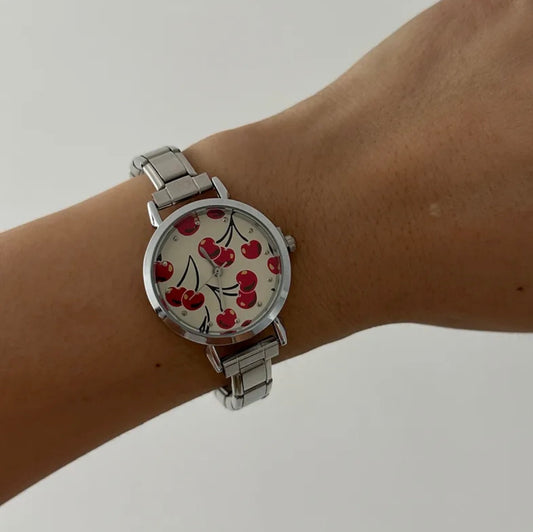 Reloj italiano plateado cerezas