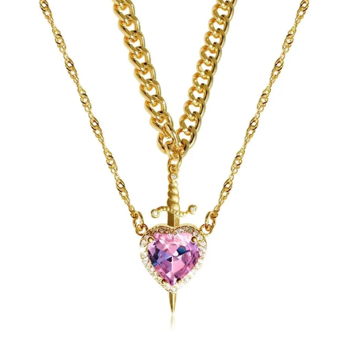 Collar Para Enamorados Corazón Rosa y Dorado