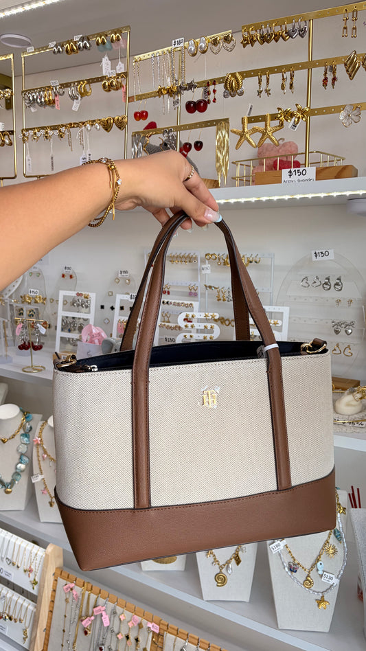 Bolsa Dama Mediana Marrón y Beige Tommy Hilfiger