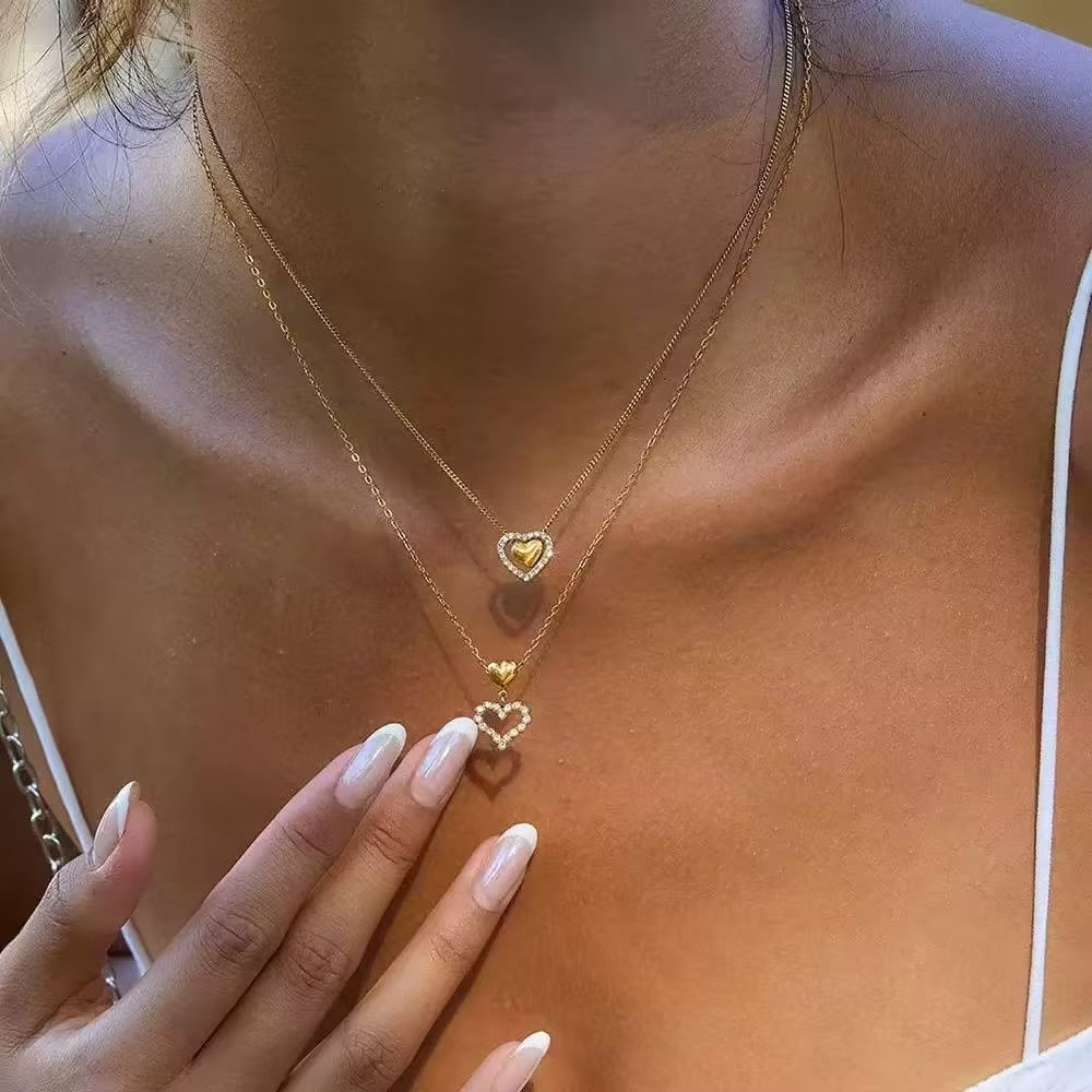 Collar Corazón Doble Con Piedras Blancas
