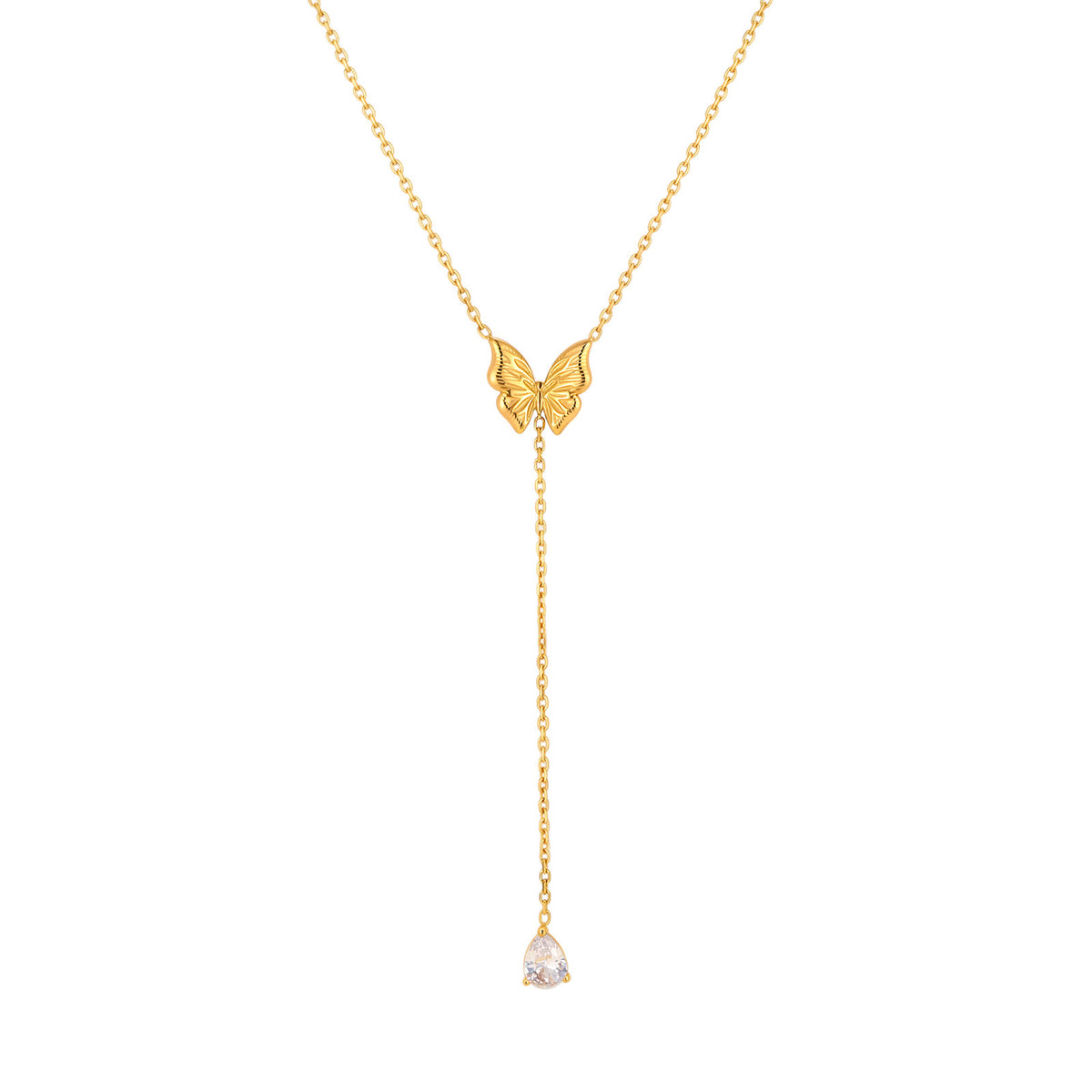 Collar Mariposa Largo Con Piedra Blanca