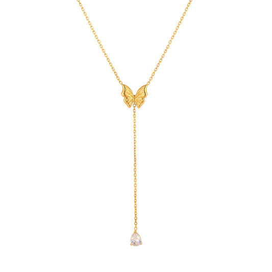 Collar Mariposa Largo Con Piedra Blanca