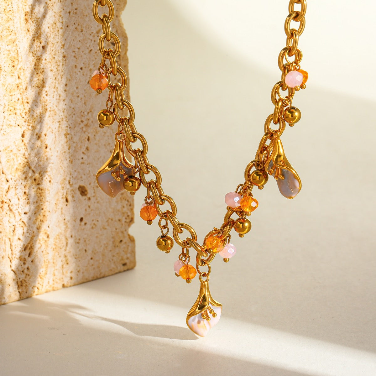 Collar Dijes Flores Naranja Y Rosa