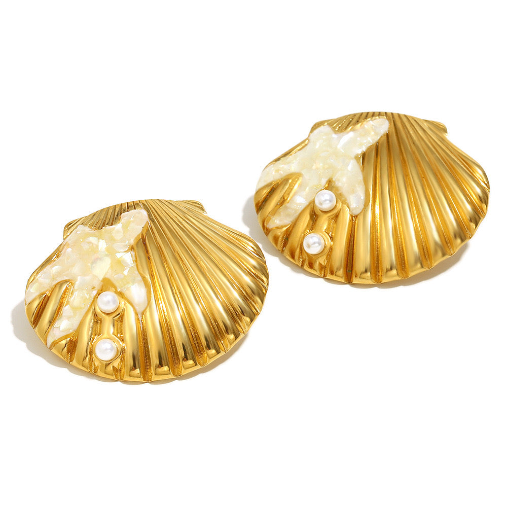 Aretes Concha Grande, Perlas y Estrella