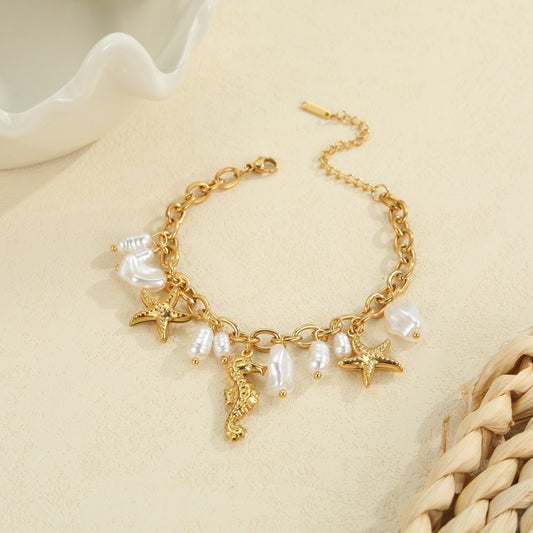 Pulsera Dijes Caballitos De Mar Y Perlas