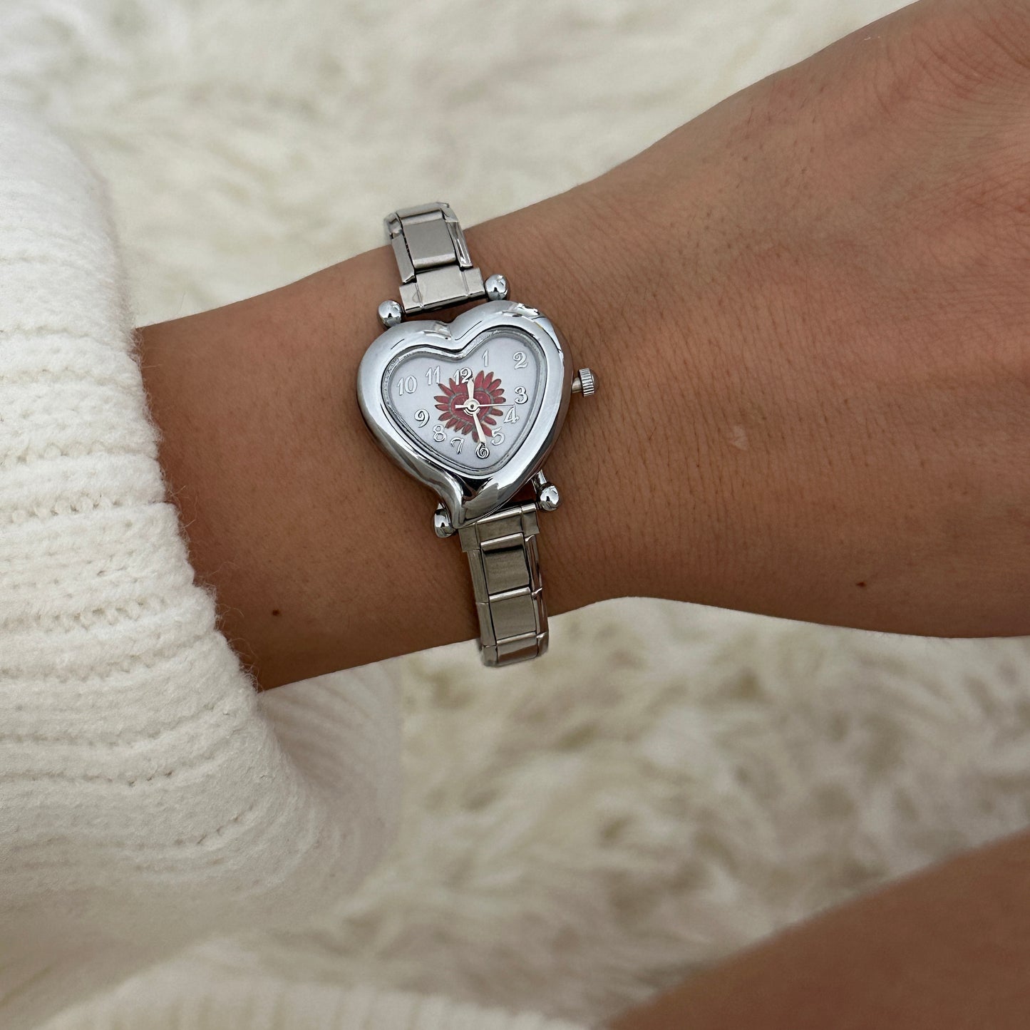 Reloj italiano plateado Corazón Blanco Y Rojo