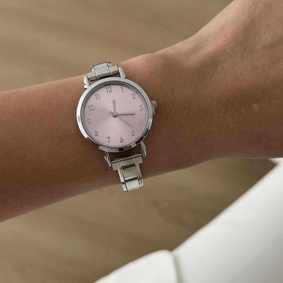 Reloj Italiano Plateado Circular Rosa