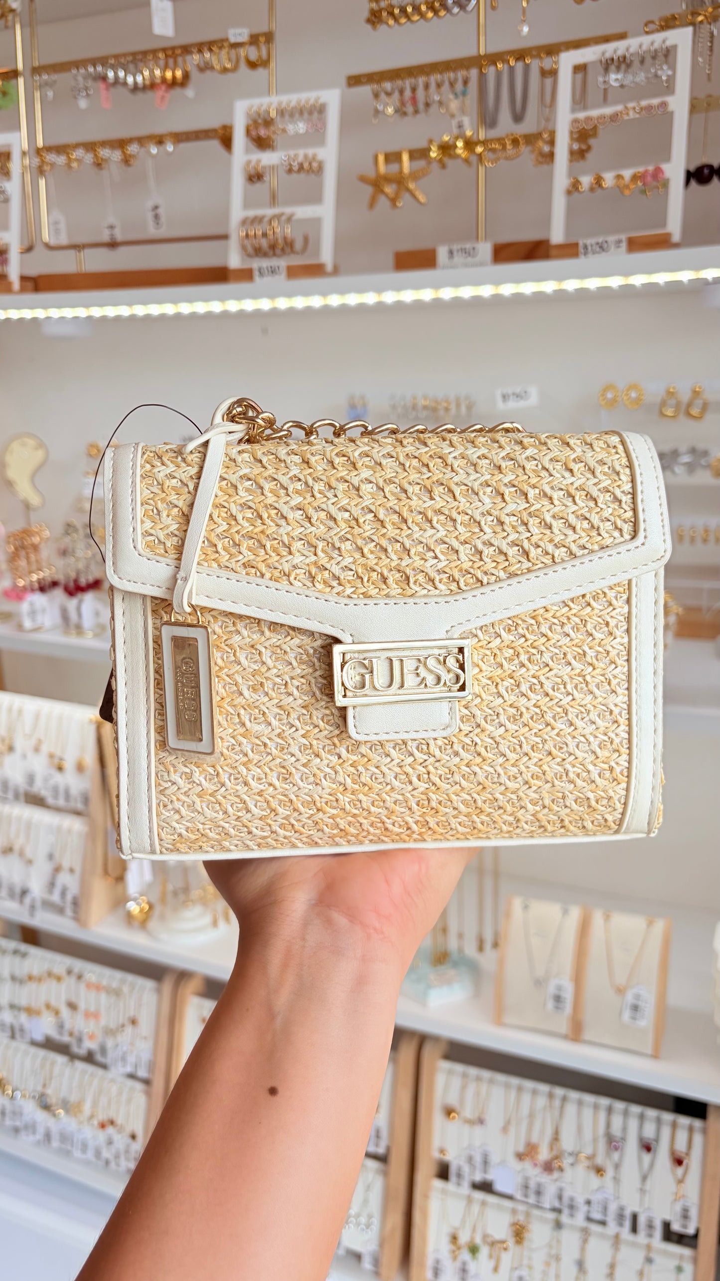 Bolsa Dama Crossbody Beige Y Blanco Guess