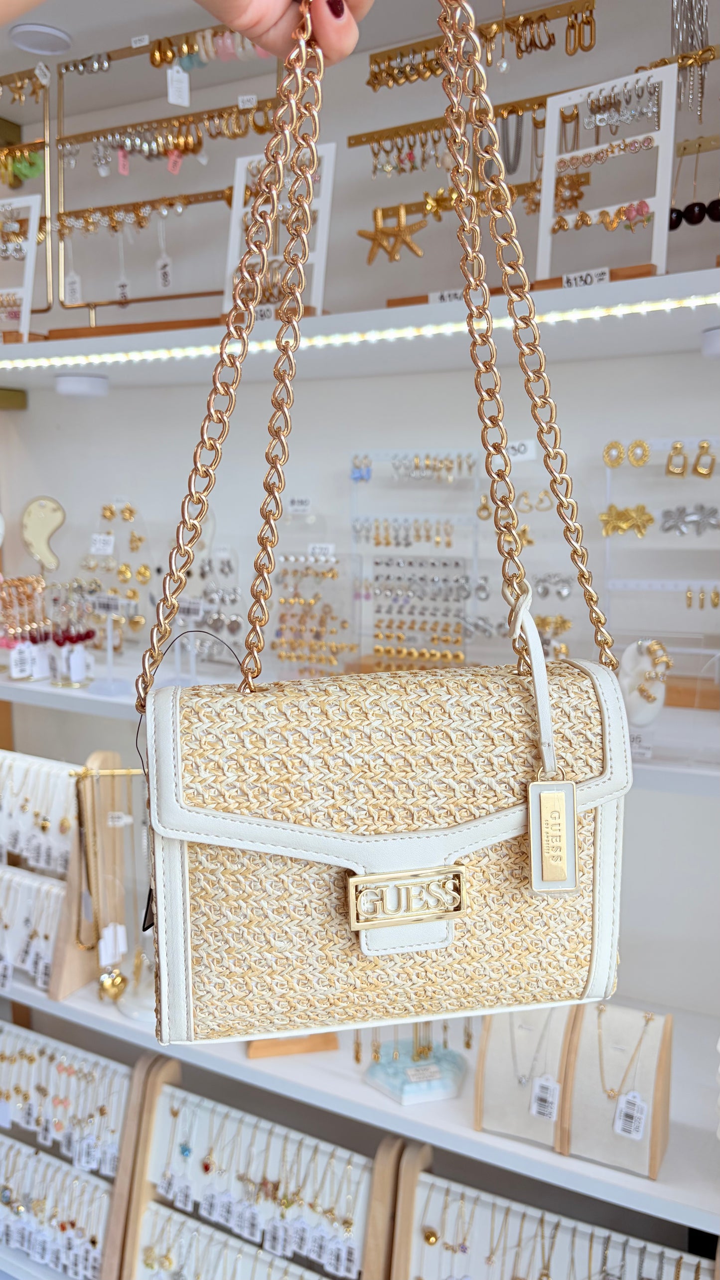 Bolsa Dama Crossbody Beige Y Blanco Guess